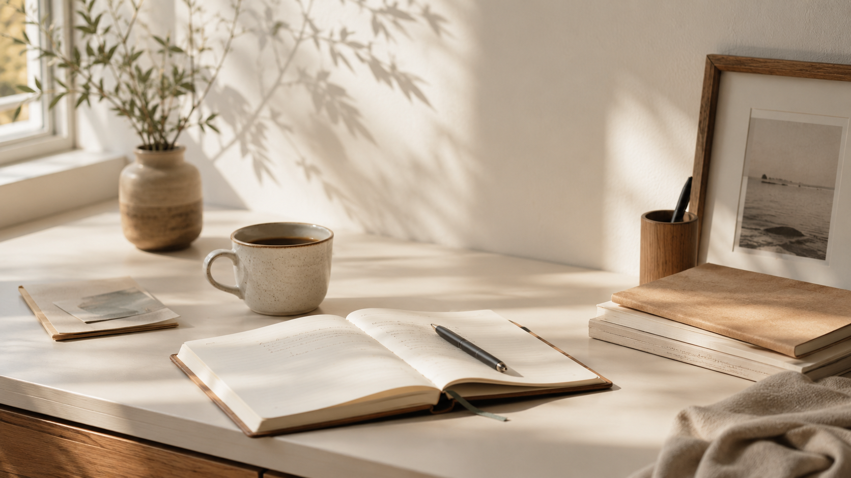 A quiet desk with notebook and warm sunlight